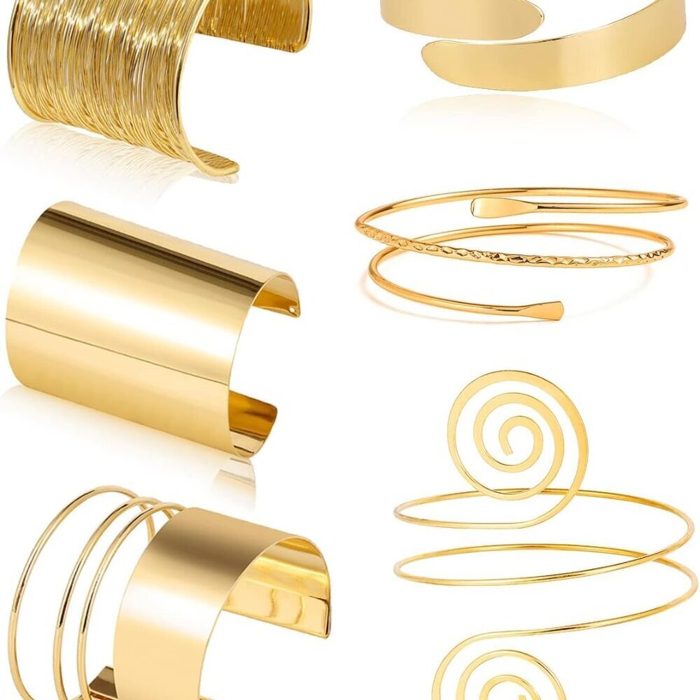 6 Pcs Women’s Gold Tone Adjustable Arm Cuff Bracelets Set for Occasion Wear